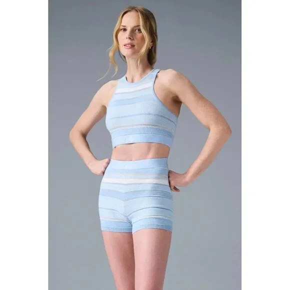 ALO, Sport Play High-Waist Knit Shorts, Seashell Blue/Ivory, XS - Picture 2 of 3